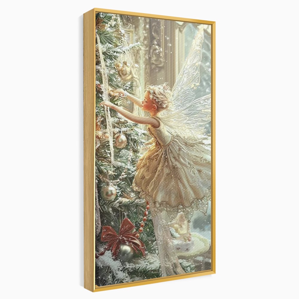 Tablou canvas cu pictura cu zana printre crengile bradului, in rama de aluminiu auriu